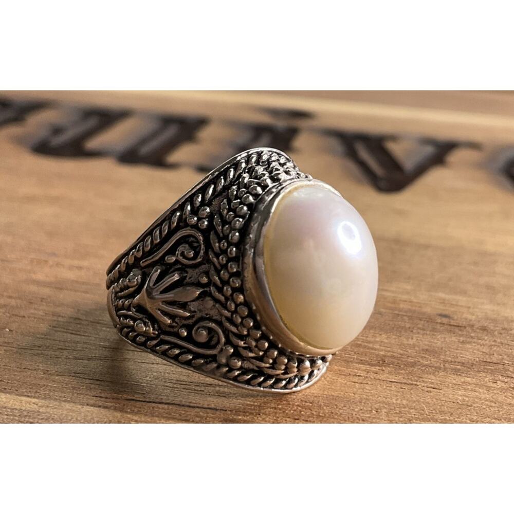 Vintage CFJ Sterling Silver Mother of Pearl Ring 925 Thailand Size 8 Ornate